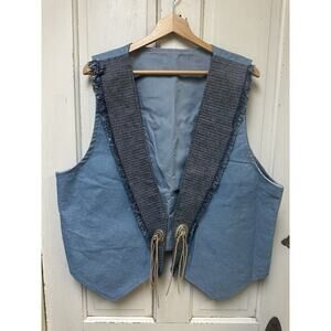 Vintage Handmade Denim Western Vest Size XL Light Wash Leather Tassels